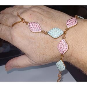 Fantastic Pastel Gold Tone PINK Teal Necklace slave bracelet dangle earrings Set